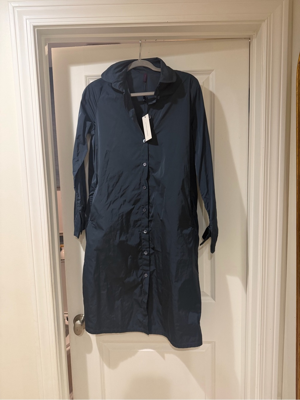 Long Sleeve Hooded Button-Front Dress in Navy